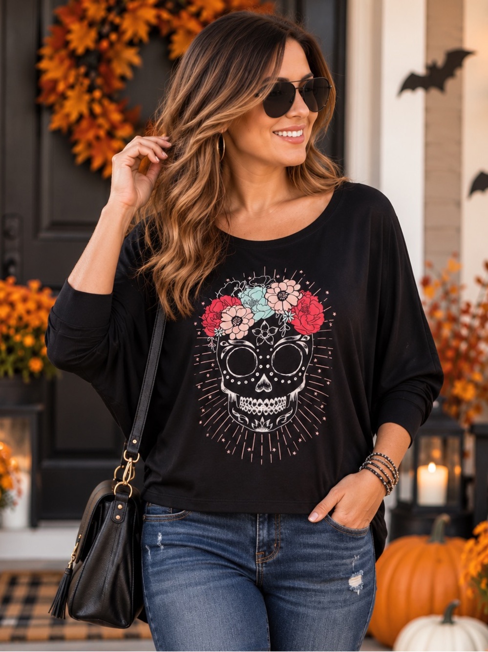 Torrid Floral Skull Shirt L Black Dolman Long Sleeve Halloween Gothic Relaxed